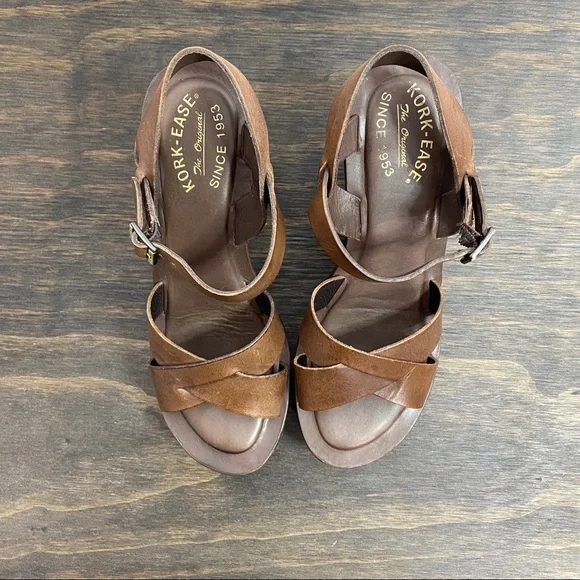 Kork-Ease brown leather platform wedge sandal 9 - Picture 2 of 12